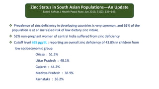 Zinc Status in South Asian Populations—An Update
Saeed Akhtar, J Health Popul Nutr. Jun 2013; 31(2): 139–149.
 Prevalence of zinc deficiency in developing countries is very common, and 61% of the
population is at an increased risk of low dietary zinc intake
 52% non-pregnant women of central India suffered from zinc deficiency
 Cutoff level ≤65 μg/dL : reporting an overall zinc deficiency of 43.8% in children from
low socioeconomic group
Orissa : 51.3%
Uttar Pradesh : 48.1%
Gujarat : 44.2%
Madhya Pradesh : 38.9%
Karnataka : 36.2%
 