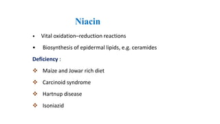 Niacin
• Vital oxidation–reduction reactions
• Biosynthesis of epidermal lipids, e.g. ceramides
Deficiency :
 Maize and Jowar rich diet
 Carcinoid syndrome
 Hartnup disease
 Isoniazid
 
