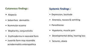 Cutaneous findings :
• Alopecia
• Seborrheic dermatitis
• Nummular eczema
• Blepharitis, conjunctivitis
• Erythroderma in neonatal form
• Juvenile form may resemble
acrodermatitis enteropathica
Systemic findings :
• Depression, lassitude
• Anorexia, nausea & vomiting
• Paresthesias
• Hypotonia, muscle pain
• Developmental delay, hearing loss
• Seizures, ataxia
 