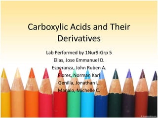 Carboxylic Acids and Their
Derivatives
Lab Performed by 1Nur9-Grp 5
Elias, Jose Emmanuel D.
Esperanza, John Ruben A.
Flores, Norman Karl
Genilla, Jonathan L.
Manalo, Michelle C.

 