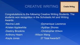 Congratulations to the following Creative Writing Students. The
students won recognition in the Scholastic Art and Writing
Awards:
-Navina Leek -Domanique Lawrence
-Kristen Applewhite -Aydrian Shores
-Destiny Brookins -Christopher Wilson
-Anthony Hearn -Wilson Wang
-Kayla Jones 27 Total Awards!!!
 