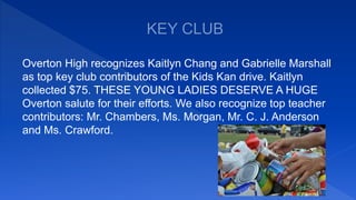 Overton High recognizes Kaitlyn Chang and Gabrielle Marshall
as top key club contributors of the Kids Kan drive. Kaitlyn
collected $75. THESE YOUNG LADIES DESERVE A HUGE
Overton salute for their efforts. We also recognize top teacher
contributors: Mr. Chambers, Ms. Morgan, Mr. C. J. Anderson
and Ms. Crawford.
 
