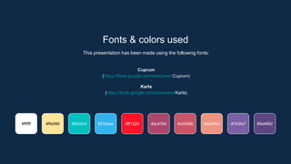Fonts & colors used
This presentation has been made using the following fonts:
Cuprum
(https://fonts.google.com/specimen/Cuprum)
Karla
(https://fonts.google.com/specimen/Karla)
#ffe599 #00c0c0 #31b4ed
#ffffff #ff1329 #ac476d #cb5568 #ee9480 #7b5fa7 #5d4682
 