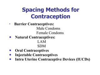 Spacing Methods for Contraception Barrier Contraceptives:  Male Condoms Female Condoms Natural   Contraceptives: LAM SDM Oral Contraceptives  Injectable Contraceptives Intra Uterine Contraceptive Devices (IUCDs) 