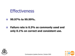 Effectiveness Contraceptive Updates Seminar, October 2005 Failure rate is 0.3% as commonly used and  only 0.1% on correct and consistent use.   99.97% to 99.99%. 