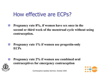 How effective are ECPs? Contraceptive Updates Seminar, October 2005 Pregnancy rate 8%, if women have sex once in the  second or third week of the menstrual cycle without using contraception. Pregnancy rate 2% if women use combined oral contraceptives for emergency contraception  Pregnancy rate 1% if women use progestin-only  ECPs  