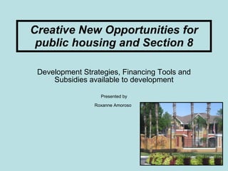 Creative New Opportunities for public housing and Section 8 Development Strategies, Financing Tools and Subsidies available to development Presented by Roxanne Amoroso   