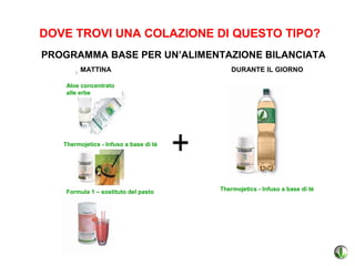 DOVE TROVI UNA COLAZIONE DI QUESTO TIPO?
PROGRAMMA BASE PER UN’ALIMENTAZIONE BILANCIATA
         MATTINA                            DURANTE IL GIORNO

    Aloe concentrato
    alle erbe




   Thermojetics - Infuso a base di tè




    Formula 1 – sostituto del pasto     Thermojetics - Infuso a base di tè
 
