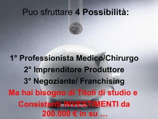 Puo sfruttare 4 Possibilità:




1° Professionista Medico/Chirurgo
    2° Imprenditore Produttore
    3° Negoziante/ Franchising
Ma hai bisogno di Titoli di studio e
   Consistenti INVESTIMENTI da
         200.000 € in su …
 