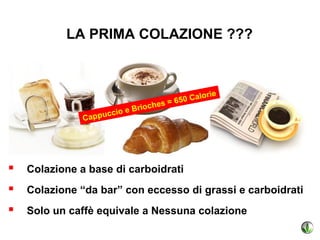 LA PRIMA COLAZIONE ???



                                                   lorie
                                              50 Ca
                            r io   ch   es = 6
                    ccio e B
              Cappu




 Colazione a base di carboidrati
 Colazione “da bar” con eccesso di grassi e carboidrati
 Solo un caffè equivale a Nessuna colazione
 
