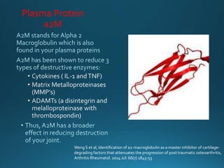 Plasma Protein
a2M
Weng S et al, Identification of a2-macroglobulin as a master inhibitor of cartilage-
degrading factors that attenuates the progression of post traumatic osteoarthritis,
Arthritis Rheumatol. 2014 Jul: 66(7) 1843-53
 