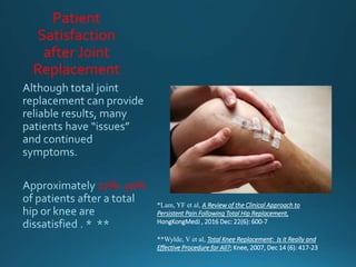 Patient
Satisfaction
after Joint
Replacement
27%- 30%
*Lam, YF et al, A Review of the Clinical Approach to
Persistent Pain Following Total Hip Replacement,
HongKongMedJ , 2016 Dec: 22(6): 600-7
**Wylde, V et al, Total Knee Replacement: Is it Really and
Effective Procedure for All?; Knee, 2007, Dec 14 (6): 417-23
 