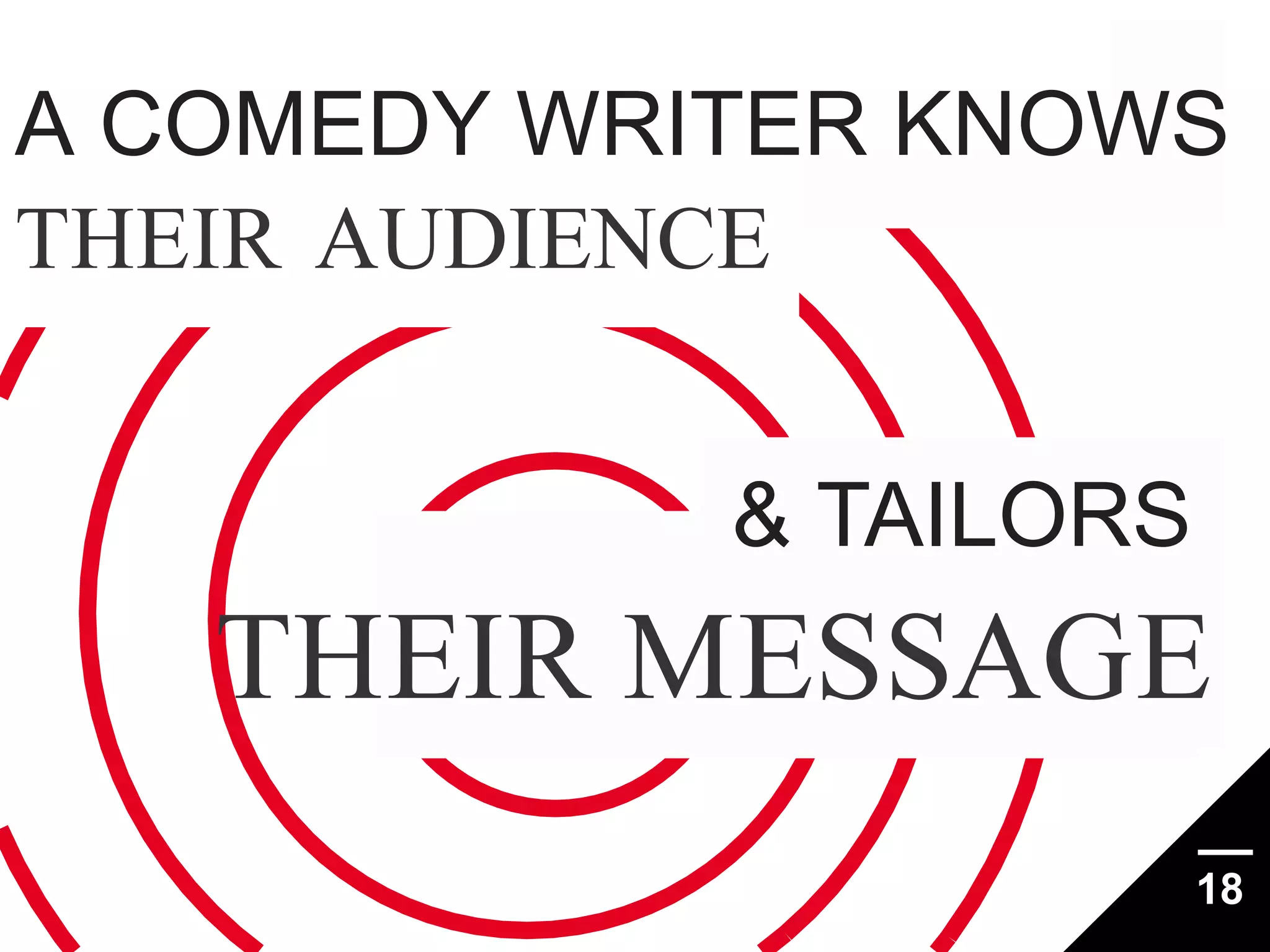 A COMEDY WRITER KNOWS
THEIR AUDIENCE
& TAILORS

THEIR MESSAGE
18

 