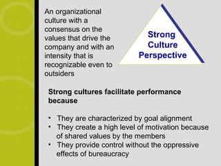 An organizational
culture with a
consensus on the
values that drive the         Strong
company and with an           Culture
intensity that is           Perspective
recognizable even to
outsiders

 Strong cultures facilitate performance
 because

 • They are characterized by goal alignment
 • They create a high level of motivation because
   of shared values by the members
 • They provide control without the oppressive
   effects of bureaucracy
 