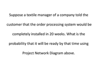 Suppose a textile manager of a company told the
customer that the order processing system would be
completely installed in 20 weeks. What is the
probability that it will be ready by that time using
Project Network Diagram above.
 