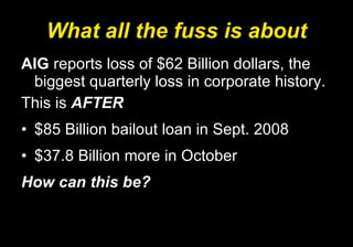 What all the fuss is about AIG  reports loss of $62 Billion dollars, the biggest quarterly loss in corporate history.  This is  AFTER $85 Billion bailout loan in Sept. 2008 $37.8 Billion more in October  How can this be? 