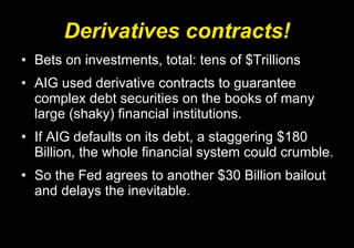 Derivatives contracts! Bets on investments, total: tens of $Trillions AIG used derivative contracts to guarantee complex debt securities on the books of many large (shaky) financial institutions.  If AIG defaults on its debt, a staggering $180 Billion, the whole financial system could crumble.  So the Fed agrees to another $30 Billion bailout and delays the inevitable.  