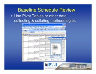Baseline Schedule Review
Use Pivot Tables or other data
collecting & collating methodologies
 