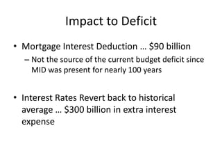 Impact to Deficit
• Mortgage Interest Deduction … $90 billion
  – Not the source of the current budget deficit since
    M...