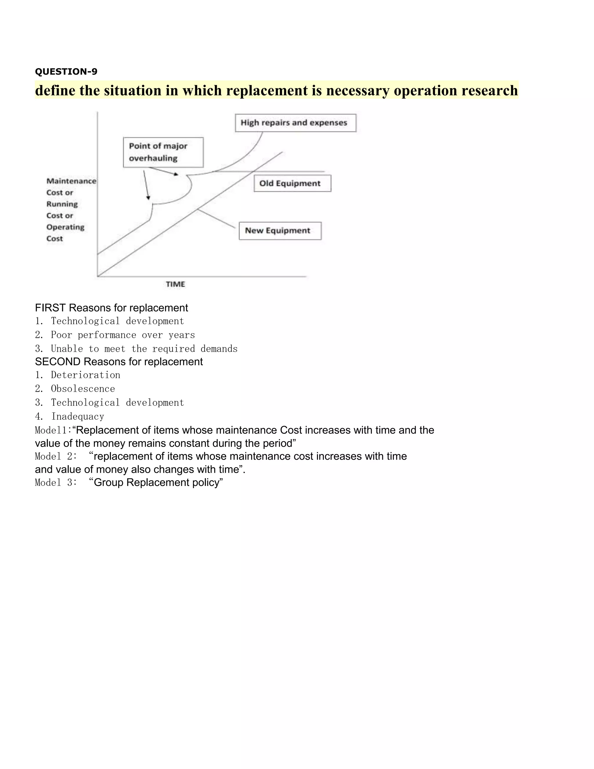 QUESTION-9

define the situation in which replacement is necessary operation research

FIRST Reasons for replacement
1. Technological development
2. Poor performance over years
3. Unable to meet the required demands
SECOND Reasons for replacement
1. Deterioration
2. Obsolescence
3. Technological development
4. Inadequacy
Model1:“Replacement of items whose maintenance Cost increases with time and the
value of the money remains constant during the period”
Model 2: “replacement of items whose maintenance cost increases with time
and value of money also changes with time”.
Model 3: “Group Replacement policy”

 