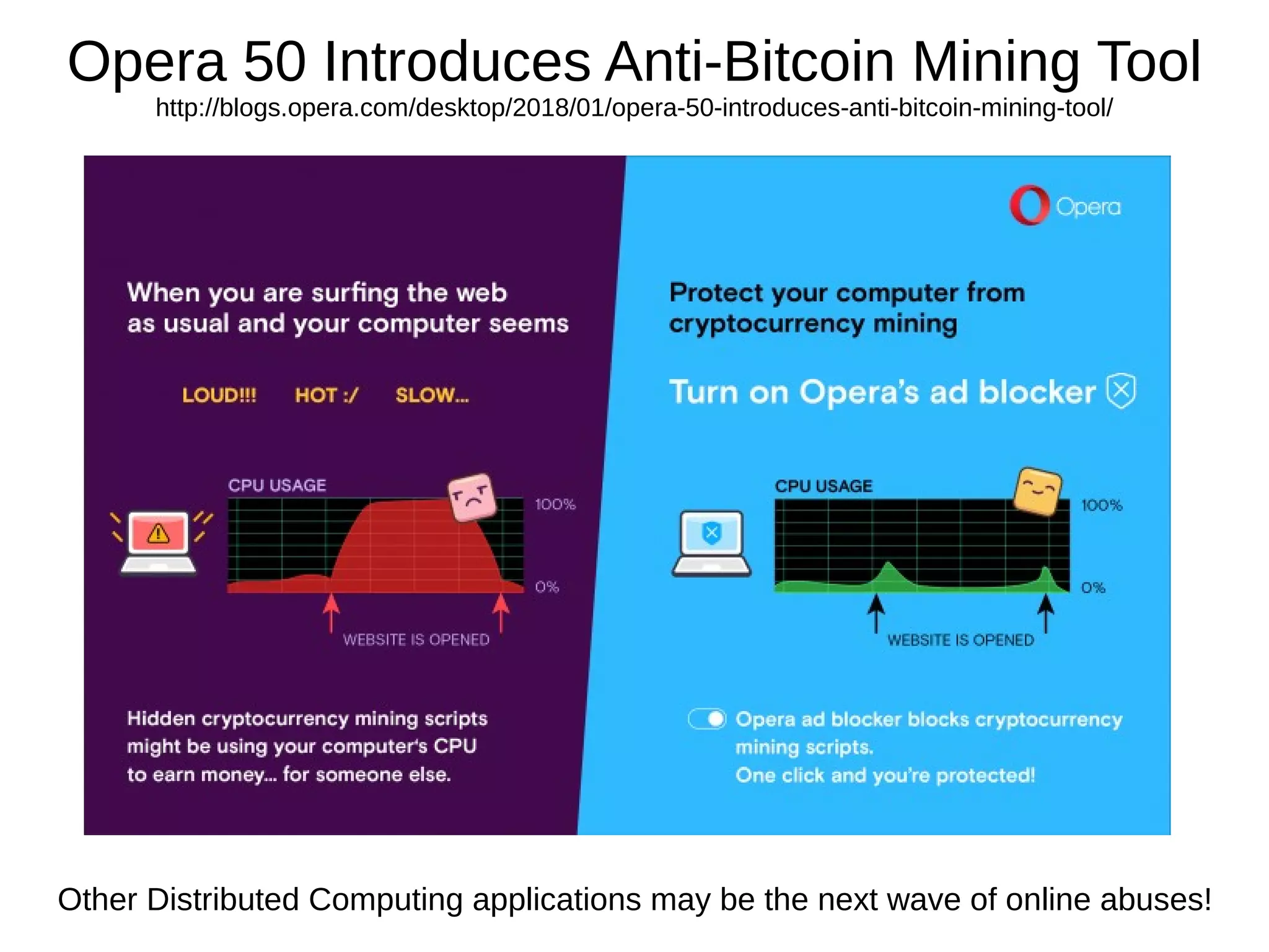 Opera 50 Introduces Anti-Bitcoin Mining Tool
http://blogs.opera.com/desktop/2018/01/opera-50-introduces-anti-bitcoin-mining-tool/
Other Distributed Computing applications may be the next wave of online abuses!
 