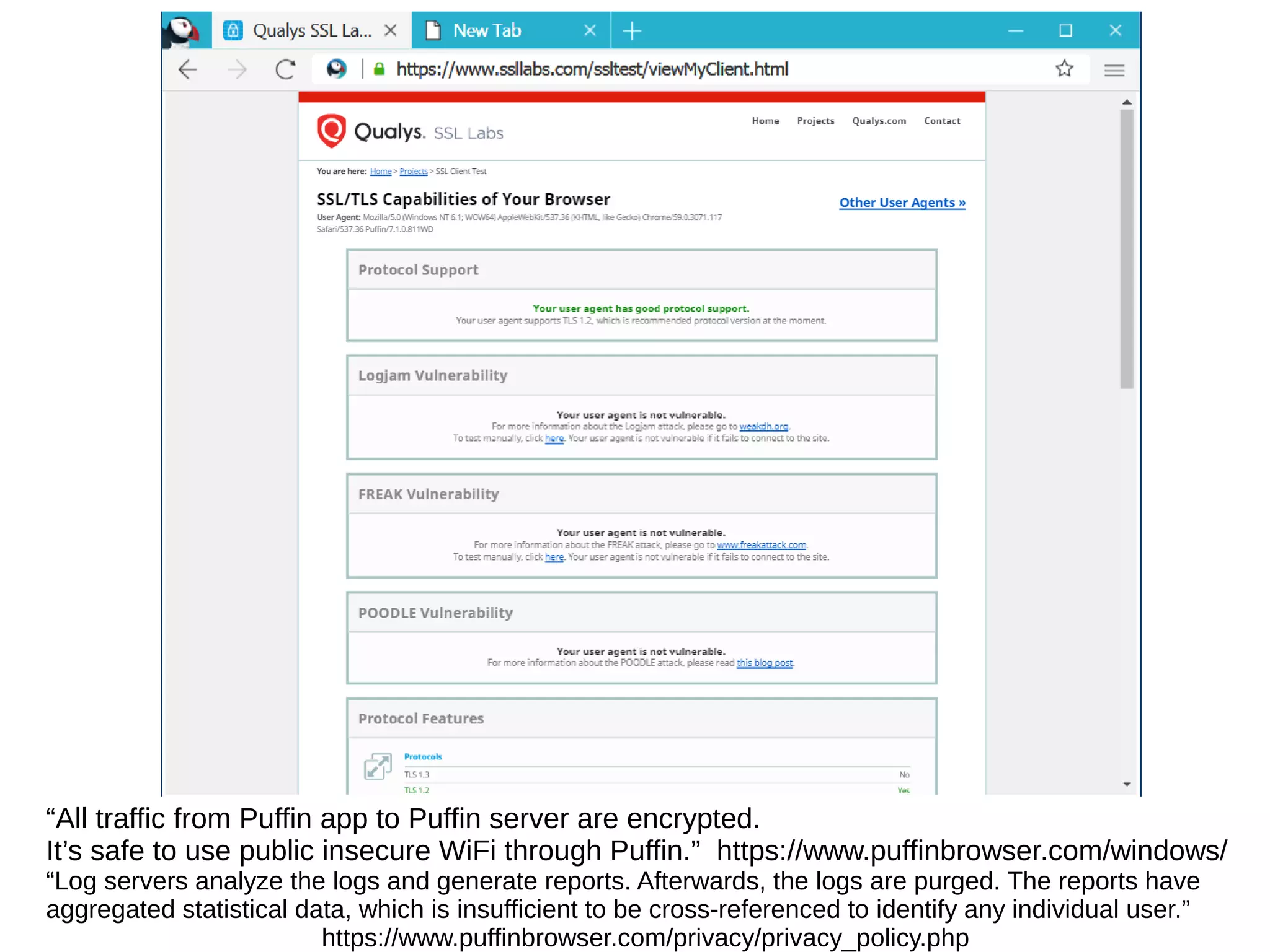 “All traffic from Puffin app to Puffin server are encrypted.
It’s safe to use public insecure WiFi through Puffin.” https://www.puffinbrowser.com/windows/
“Log servers analyze the logs and generate reports. Afterwards, the logs are purged. The reports have
aggregated statistical data, which is insufficient to be cross-referenced to identify any individual user.”
https://www.puffinbrowser.com/privacy/privacy_policy.php
 