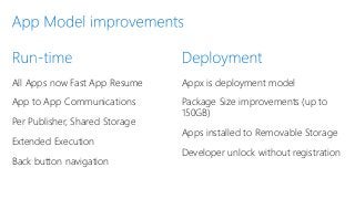 All Apps now Fast App Resume
App to App Communications
Per Publisher, Shared Storage
Extended Execution
Back button navigation
Appx is deployment model
Package Size improvements (up to
150GB)
Apps installed to Removable Storage
Developer unlock without registration
 