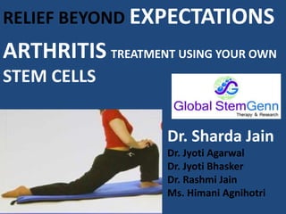 RELIEF BEYOND EXPECTATIONS
ARTHRITIS TREATMENT USING YOUR OWN
STEM CELLS
Dr. Sharda Jain
Dr. Jyoti Agarwal
Dr. Jyoti Bhasker
Dr. Rashmi Jain
Ms. Himani Agnihotri
 
