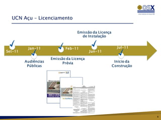 UCN Açu – Licenciamento

                                    Emissão da Licença
                                      de Instalação


          Jan-11             Feb-11                        Jul-11
Set-11                                     Jun-11

                      Emissão da Licença
         Audiências         Prévia                        Inicio da
          Públicas                                       Construção




                                                                      5
 