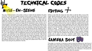 This poster is a mid-shot. A mid-shot is used to show the audience the main focus of
the image and to show what is happening in the background of the image to give the
audience an insight into what they should expect from the film that is advertised. The
mid shot shows the audience what is happening in the image but this poster leaves
the audience questioning what is happening around the characters in the photo and
makes the audience to want to know more about the storyline.
The use of mise-en-scene in this poster is vital as it makes the link between the genre
of the film is so that the targeted audience will be able to identify that it is a music
drama to catch their attention. The first use of mise-en-scene is the backdrop used in
the image. The backdrop is shows a stereotypical landscape of a place such as
California and tells the audience that this film is set in America. The light blue sky
reflects the positivity in the film and makes the audience aware that this film is not a
horror and is going to be a upbeat and happy film for everybody to enjoy. Another use of
mise-en-scene in this poster is the use of costume. All 4 characters are wearing very
casual clothing in this shot which shows that the characters are portraying very normal
lives within the film. Zac Efron being in the main character is facing the camera whilst
the other characters are turned away from the camera looking into the distance which is
purposely done to show the audience that he is going to be the main character within
the film and to attract his huge fan base to the film so that more people will watch the
film. Zac is also wearing a pair of headphones around his neck which show that the film
is going to be containing a music element and his fans from the hit film “High School
Musical” would have seen his old musical films and would be interested to know how
his musical career has changed since his older films. The lighting in the shot is very
high key. The lighting is very high key to portray a positive feel in the image. This shows
the audience that the film is going to be very happy and upbeat which links in with the
idea of music being the key element in the film.
Editing is used after the image has been taken to add the titles on top of the
image. Special symbols have been used to create the title of what the film is
called. The use of symbols instead of just normal text makes the audience’s
attention focused on the title as they would be interested to know how the
symbols have cleverly been used to show the audience what the title says. The
title is in the colour yellow which has the connotations of spring which could
represent a new beginning and this could be telling the audience that the Zac
Efron is beginning a new musical experience other than High School Musical
leaving the audience feeling interested in the film to find out what the hit actor is
going to do in this film that is different from the rest of the films that he has
worked in before. Another use of editing is used as the photo has been
enhanced to make the brightness of the image a lot brighter. This is sued to
make the audience know that the film is going to have a positive message
behind it. It also show the audience that the film is going to be set in a hot
country and is going to be set in America which leaves the audience
questioning the storyline and how the setting is going to have an effect on the
story.
 