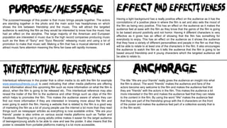 Intertextual references in the poster that is other media to do with the film for example
www.weareyoufriends.co.uk is used indicating that other media platforms are offering
more information about this upcoming film such as more information on what the film is
about, when the film is going to be released etc. This intertextual reference may also
reveal the trailer of the film to the audience and other things such as clips of the film
which helps to promotes the film. This makes the audience aware of where they can
find out more information if they are interested in knowing more about the film and
even going to watch the film. Having a website that is related to the film is a good way
of marketing the film as a lot of young people use the internet a lot more than they read
things such as newspaper articles as everything is now available online. “We are your
friends” poster is also online on various social media platforms such as Twitter and
Facebook. Reaching out to young adults online makes it easier for the target audience
of teenagers/young adults to be able to view and see the poster. It also means that the
poster is viewable from portable platforms making it a lot more accessible.
The purpose/message of this poster is that music brings people together. The actors
are standing together in the photo and the main actor has headphones on which
shows the link between friendship and the music. This will attract the targeted
audience to watching the film as they would be interested to know how the music has
had an effect on the storyline. The large majority of the American and European
population are interested in music due to the high record companies producing music
such as the likes of “Sony” and “Syco Records” releasing music and using a lot of
promotion to make that music sell. Making a film that has a musical element to it will
attract music fans attention meaning the films fan base will rapidly increase.
Having a light background has a really positive effect on the audience as it has the
connotations of a positive place in where the film is set and also sets the mood of
the film as being very positive. This has an effect on the audience as it makes the
audience feel at ease with the film as they know that the genre of the film is going
to be based around positivity and not horror. Having 4 different characters is very
effective as it gives has an effect of showing that the film has something for
everybody to enjoy. This has an effect on the audience as it shows the audience
that they have a variety of different personalities and people in the film so that they
will be able to relate to at least one of the characters in the film. It also encourages
the audience to watch the film as it tells the audience that the film is going to be
based around friendship and 4 young characters which the targeted audience will
be able to relate to.
The title “We are your friends” really gives the audience an insight into what
the film is about. The word “friends” makes the audience and fans of the
actors become very welcome to the film and makes the audience feel that
they are “friends” with the actors in the film. This makes the audience a lot
more interested in the film and makes the audience feel that they can relate
to the content in the film. By using the word “We” makes the audience feel
that they are part of the friendship group with the 4 characters on the front
of the poster and makes the audience feel part of a collective society that is
in the film world.
 