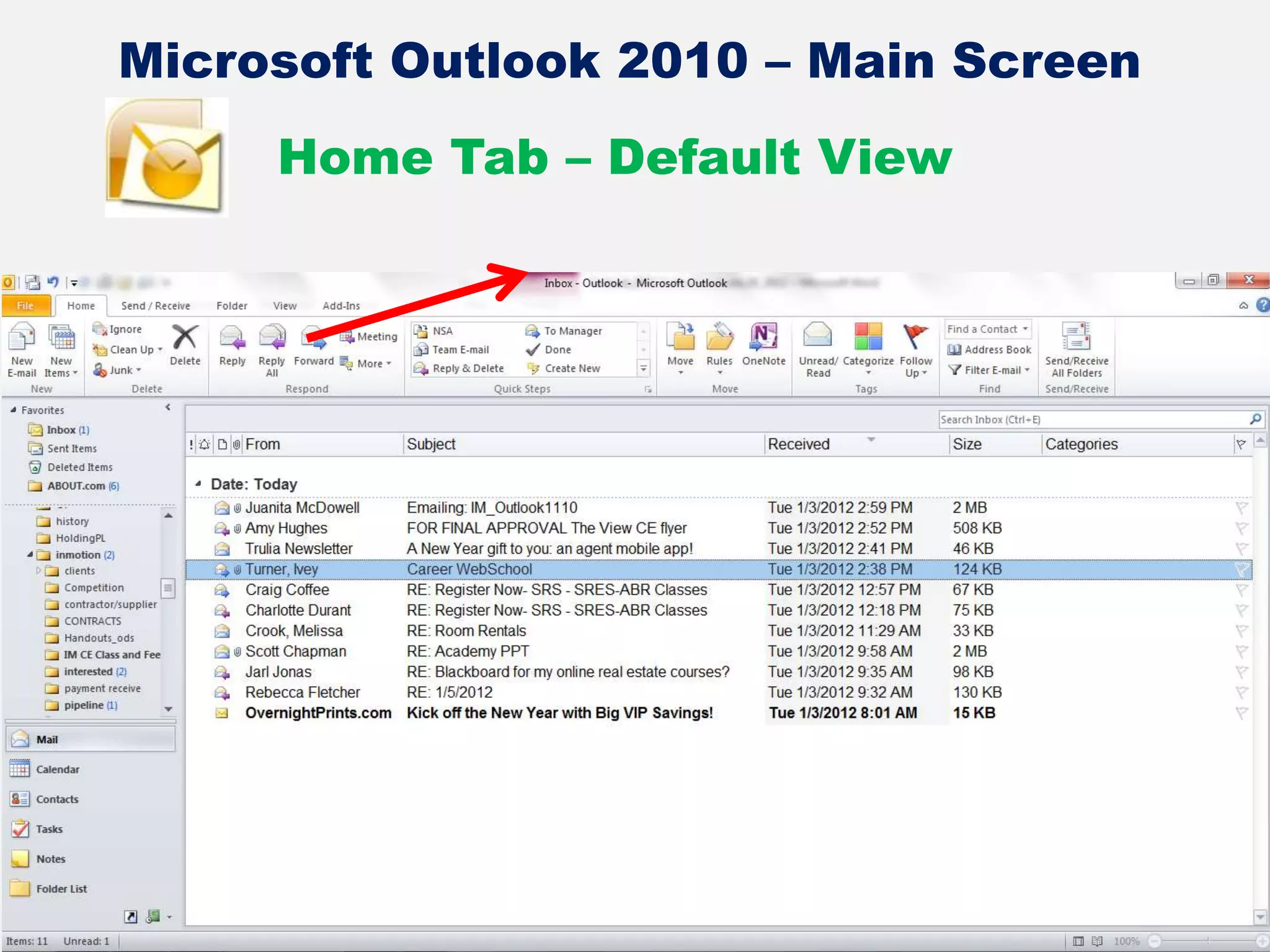 Microsoft Outlook 2010 – Main Screen
Home Tab – Default View