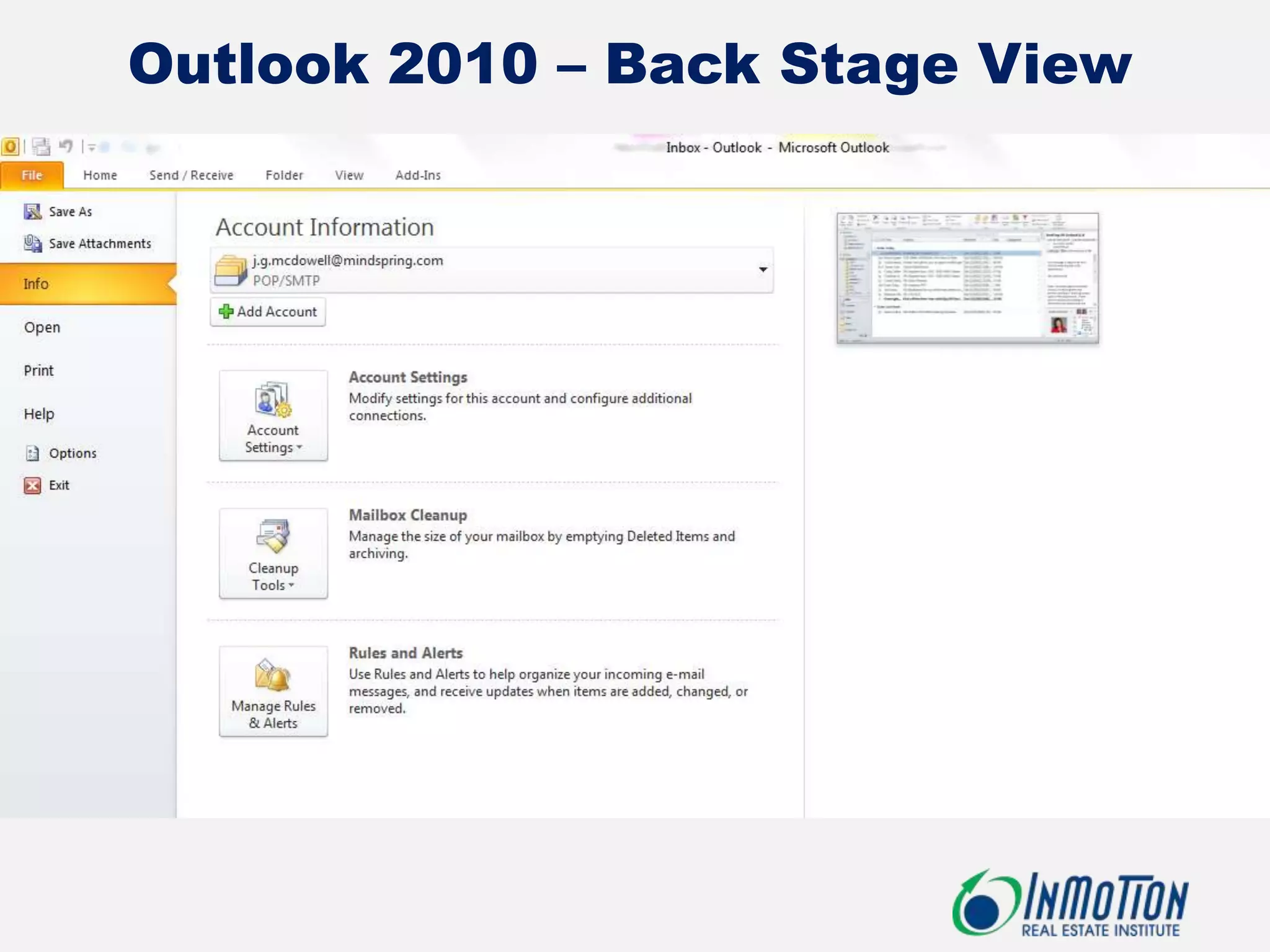 Outlook 2010 – Back Stage View