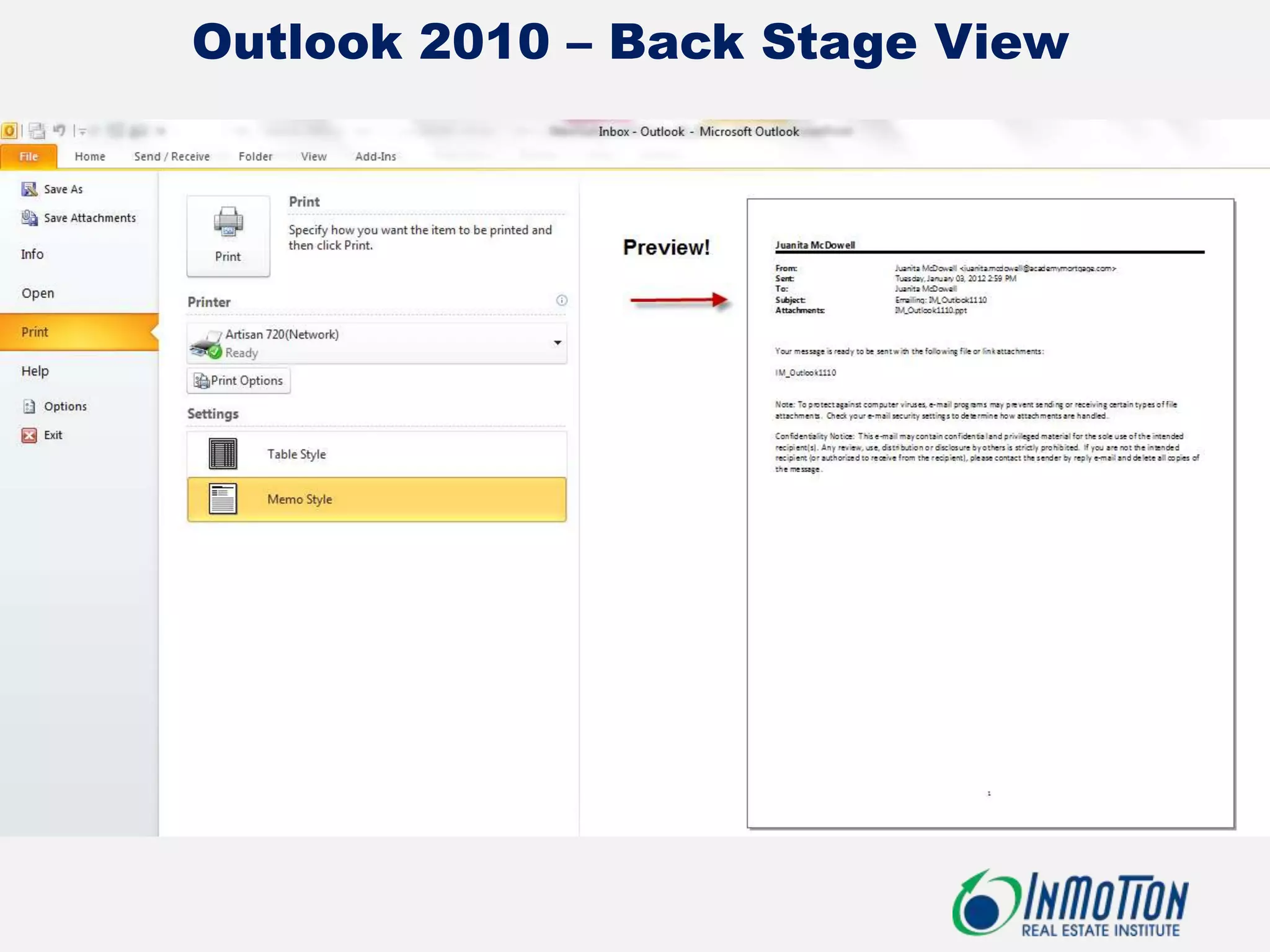 Outlook 2010 – Back Stage View