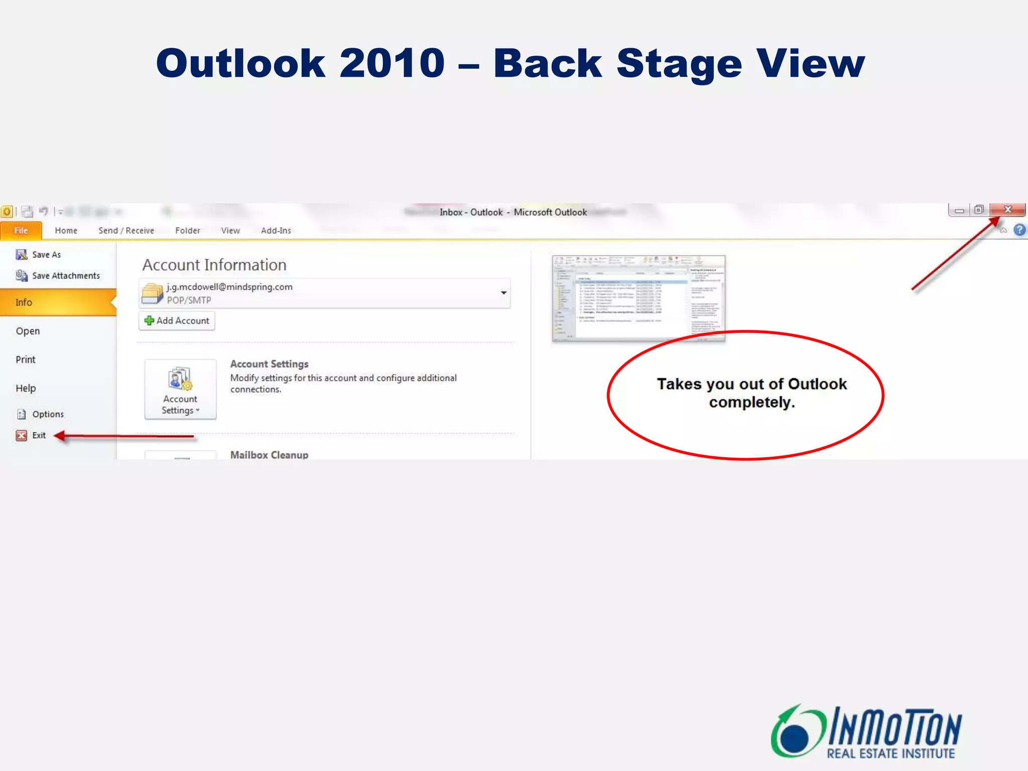 Outlook 2010 – Back Stage View