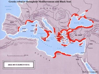 Greeks colonize throughout Mediterranean and Black Seas
Back to Geography
 