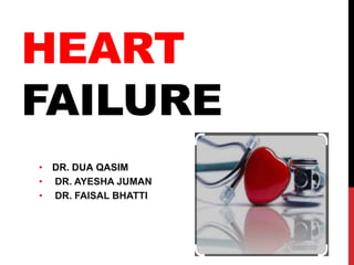 HEART
FAILURE
• DR. DUA QASIM
• DR. AYESHA JUMAN
• DR. FAISAL BHATTI
 