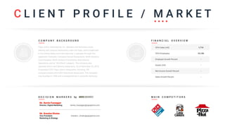 C O M P A N Y B A C K G R O U N D
C L I E N T P R O F I L E / M A R K E T
Papa John’s International, Inc. operates and franchises pizza
delivery and carryout restaurants under the Papa John’s trademark
in the United States and internationally. It operates through five
segments: Domestic Company-Owned Restaurants, North America
Commissaries, North America Franchising, International
Operations, and an “All Others” category. The company also
operates dine-in and delivery restaurants. As of December 25, 2016,
it operated 5,097 Papa John’s restaurants, including 744
company-owned and 4,353 franchised restaurants. The company
was founded in 1984 and is headquartered in Louisville, Kentucky
F I N A N C I A L O V E R V I E W
2016 Sales (mil)
2016 Employees
Employee Growth Percent
Assets (mil)
Net Income Growth Percent
Sales Growth Percent
1,710
23,100
-
-
-
-
D E C I S I O N M A R K E R S by M A I N C O M P E T I T O R S
berine_fussegger@papajohns.comDirector, Digital Marketing
Mr. Bernie Fussegger
brandon _rhoten@papajohns.comVice President,
Marketing & Strategy
Mr. Brandon Rhoten
 
