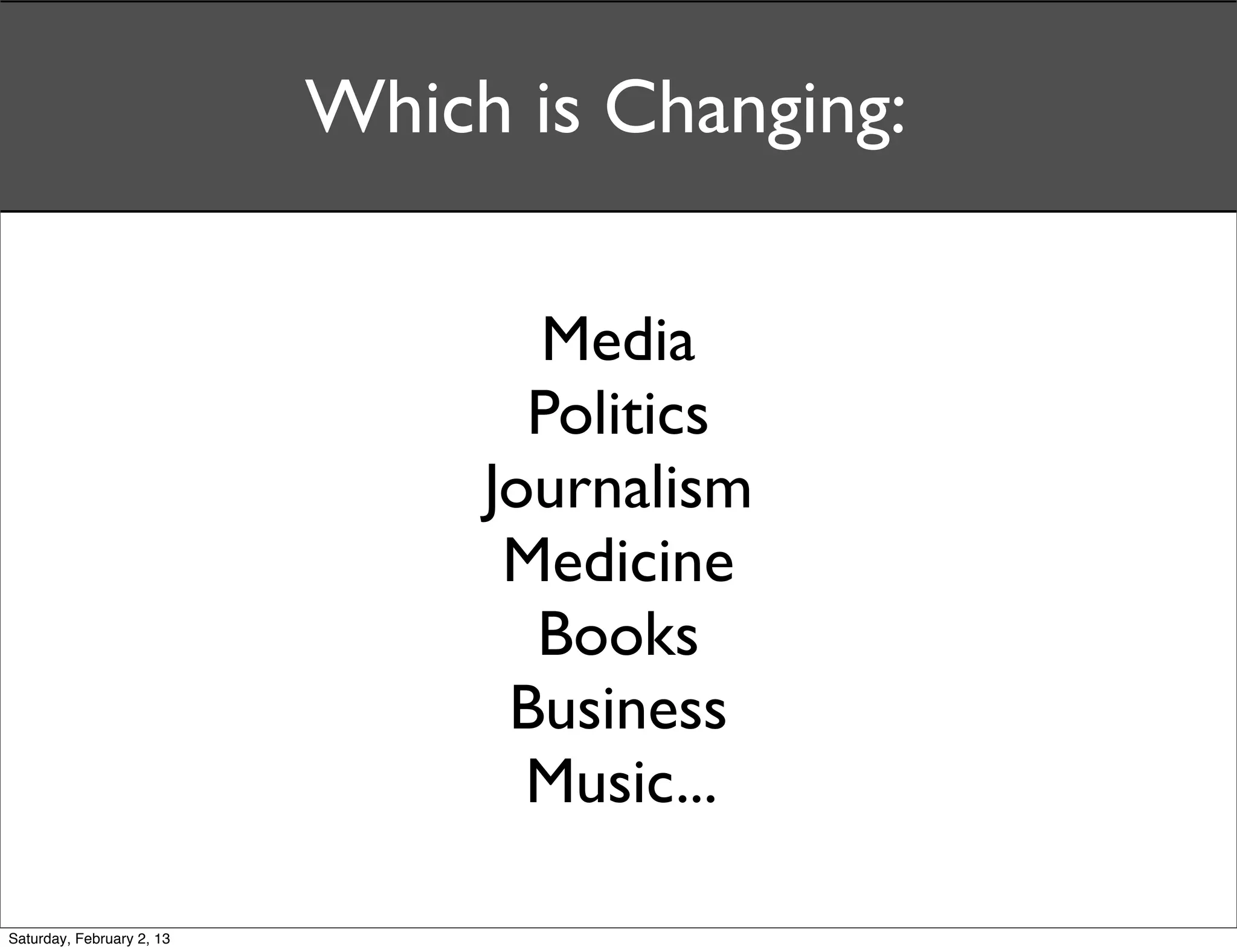 Which is Changing:

                                  Media
                                  Politics
                                Journalism
                                 Medicine
                                  Books
                                 Business
                                  Music...

Saturday, February 2, 13
 