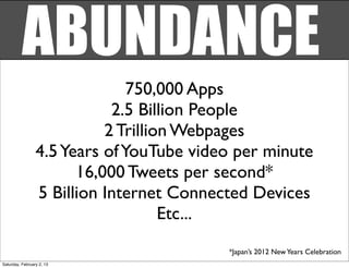 ABUNDANCE
                               750,000 Apps
                            2.5 Billion People
                           2 Trillion Webpages
                 4.5 Years of YouTube video per minute
                       16,000 Tweets per second*
                 5 Billion Internet Connected Devices
                                    Etc...
                                          *Japan’s 2012 New Years Celebration
Saturday, February 2, 13
 