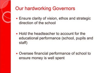  Ensure clarity of vision, ethos and strategic
direction of the school
 Hold the headteacher to account for the
educational performance (school, pupils and
staff)
 Oversee financial performance of school to
ensure money is well spent
Our hardworking Governors
 