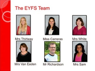 Mr Richardson
Mrs White
Mrs Van Eeden Mrs Sam
Miss Carreras
The EYFS Team
Mrs Thirlway
 