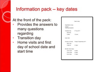 Information pack – key dates
At the front of the pack:
• Provides the answers to
many questions
regarding
• Transition day
• Home visits and first
day of school date and
start time
 