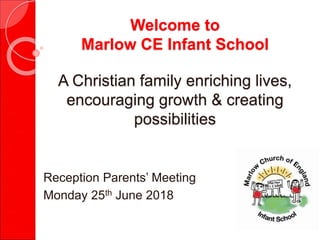 Welcome to
Marlow CE Infant School
A Christian family enriching lives,
encouraging growth & creating
possibilities
Reception Parents’ Meeting
Monday 25th June 2018
 