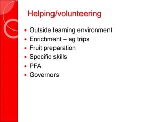 Helping/volunteering
 Outside learning environment
 Enrichment – eg trips
 Fruit preparation
 Specific skills
 PFA
 Governors
 