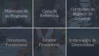 Materiales de
su Programa
Carta de
Referencia
Certificado de
Registro de
Gobierno
Documento
Fundacional
Estados
Financieros
Información de
Desembolsos
 