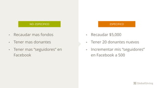 NO- ESPECIFICO
• Recaudar $5,000
• Tener 20 donantes nuevos
• Incrementar mis “seguidores”
en Facebook a 500
ESPECIFICO
• Recaudar mas fondos
• Tener mas donantes
• Tener mas “seguidores” en
Facebook
 