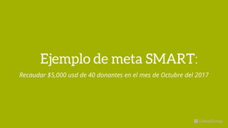 Recaudar $5,000 usd de 40 donantes en el mes de Octubre del 2017
Ejemplo de meta SMART:
 