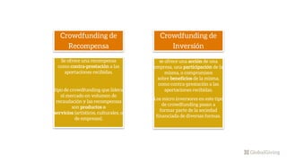 Crowdfunding de
Recompensa
Se ofrece una recompensa
como contra-prestación a las
aportaciones recibidas.
tipo de crowdfunding que lidera
el mercado en volumen de
recaudación y las recompensas
son productos o
servicios (artísticos, culturales, o
de empresas).
Crowdfunding de
Inversión
se ofrece una acción de una
empresa, una participación de la
misma, o compromisos
sobre beneficios de la misma,
como contra-prestación a las
aportaciones recibidas.
Los micro inversores en este tipo
de crowdfunding pasan a
formar parte de la sociedad
financiada de diversas formas.
 
