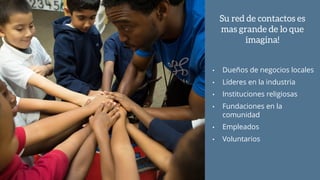 Su red de contactos es
mas grande de lo que
imagina!
• Dueños de negocios locales
• Líderes en la industria
• Instituciones religiosas
• Fundaciones en la
comunidad
• Empleados
• Voluntarios
 